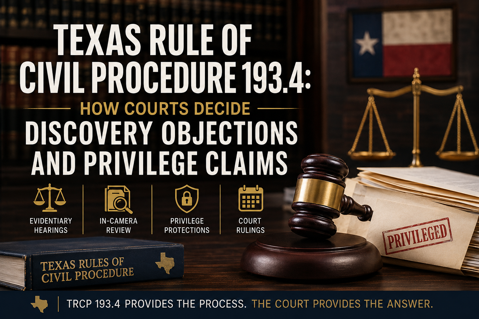 Texas Rule of Civil Procedure 193.4 discovery objections and privilege claims, featuring a judge’s gavel, privileged documents, and in-camera review.