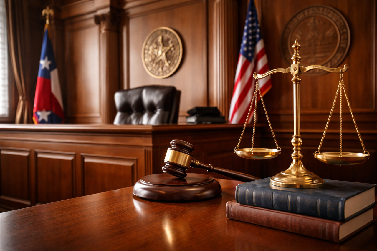 Texas courtroom interior with judge’s bench and legal scale symbolizing attorney’s fee awards under Texas law.