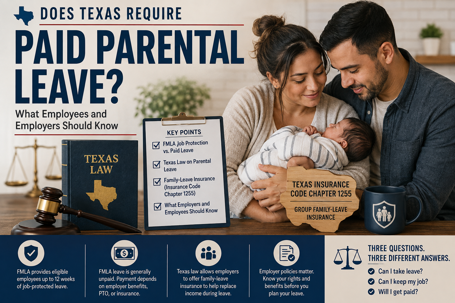 Texas paid parental leave infographic featuring parents with a newborn, FMLA job protections, unpaid leave, employer policies, and family-leave insurance under Texas Insurance Code Chapter 1255.