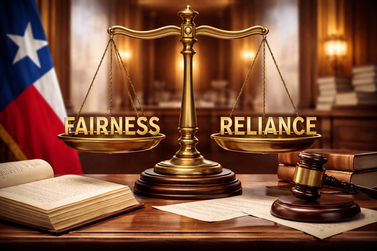 Scales of justice balancing fairness and reliance, representing equitable estoppel in Texas law