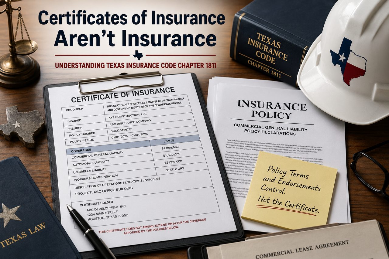Certificate of insurance and commercial insurance policy on a desk with Texas legal materials, illustrating Texas Insurance Code Chapter 1811 and insurance coverage requirements for businesses.