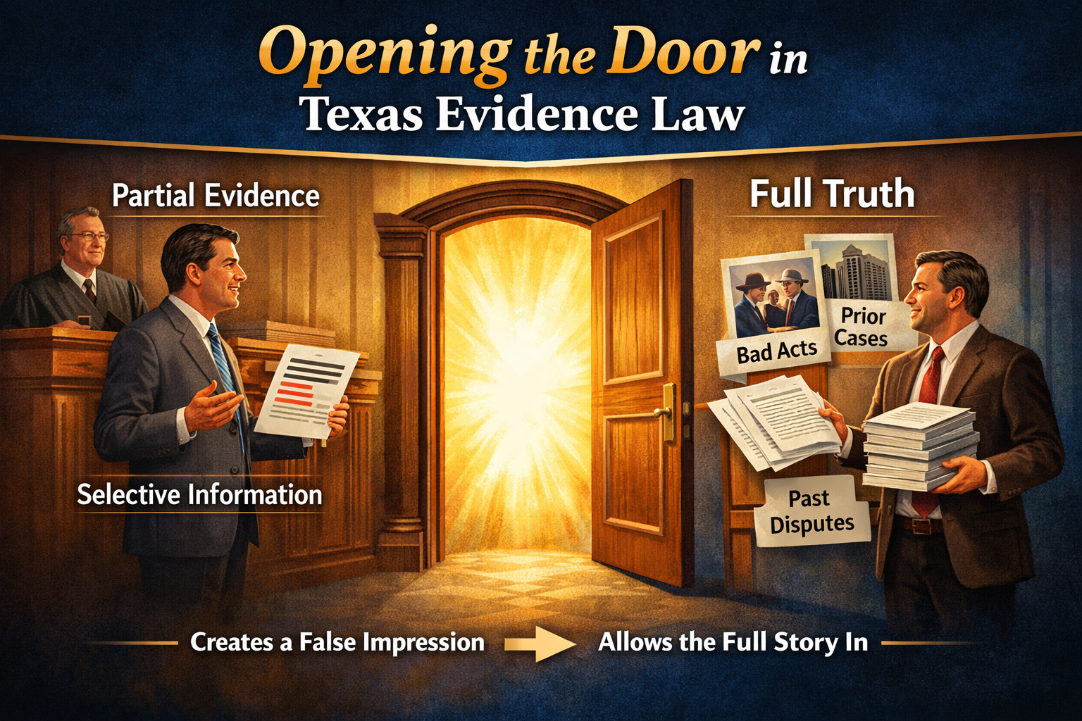 A courtroom scene where one attorney presents partial evidence while the opposing attorney introduces additional documents to complete the full story, symbolizing the legal doctrine of ‘opening the door’ in Texas evidence law.