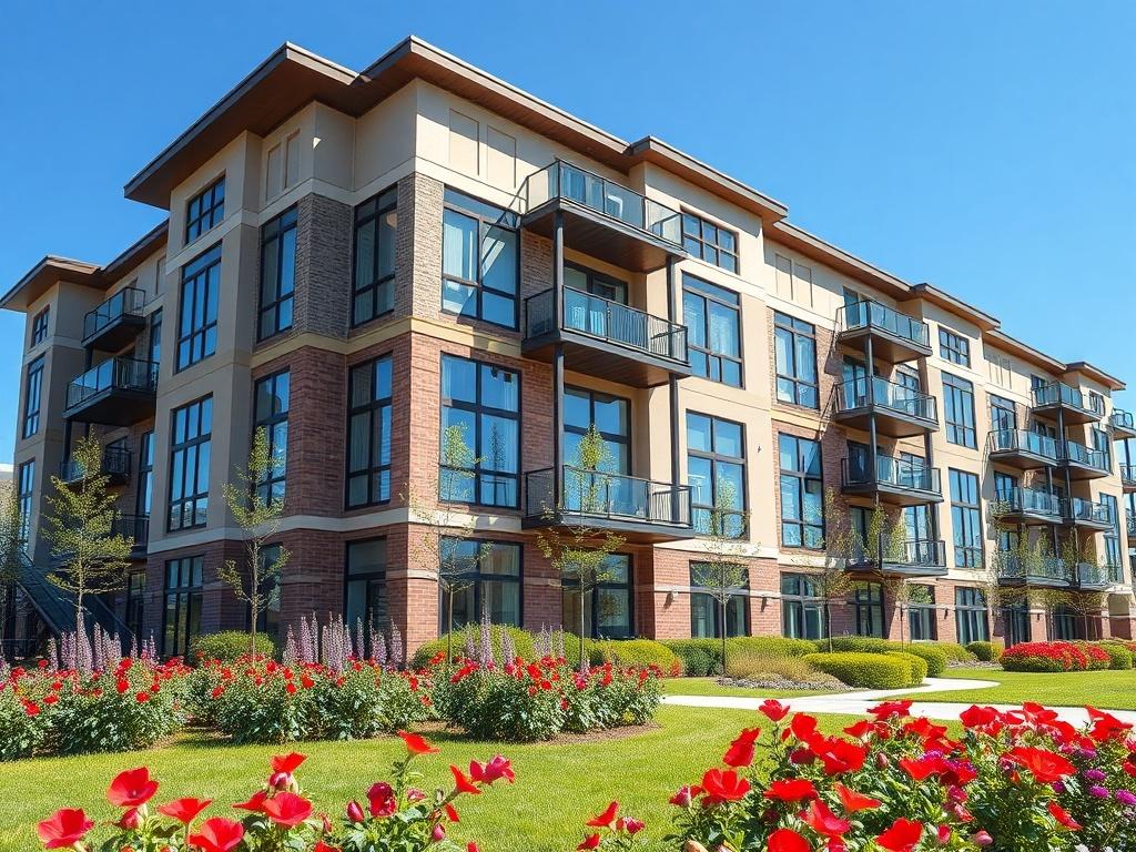 A hyper-realistic close-up shot of a modern apartment complex, showcasing a beautifully designed exterior with large windows and balconies. The foreground features well-maintained landscaping with vibrant flowers and greenery. The background includes a clear blue sky. The composition should focus solely on the apartment building, highlighting its architectural details and inviting atmosphere. The photo should be shot with a 45mm f/1.2 lens style, capturing rich colors that align with the rgb(186, 173, 118) 