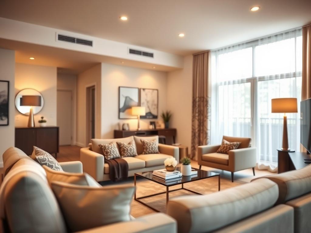 Create a realistic high-resolution photo of a modern apartment interior at Woodlan Circle Apartments. The image should focus on a beautifully designed living room featuring stylish furniture, warm lighting, and decorative elements that convey comfort and elegance. Use a 45mm f/1.2 lens style to achieve a shallow depth of field, with the foreground in sharp focus and a softly blurred background. The color palette should incorporate shades that align with the primary color rgb(186, 173, 118), creating a cohes