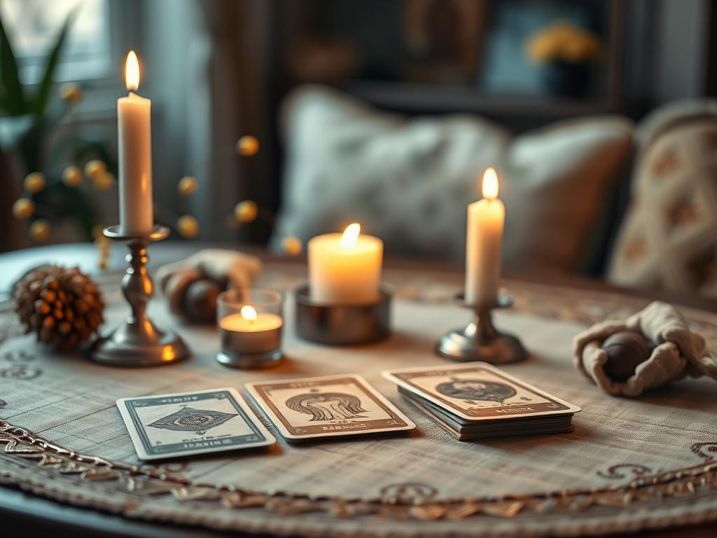 A close-up shot of a serene and inviting space, featuring a beautifully arranged table with tarot cards and a lit candle. The background is softly blurred to emphasize the table's details, creating a warm and welcoming atmosphere. The colors are earthy with accents of gold, reflecting tranquility and spiritual connection.