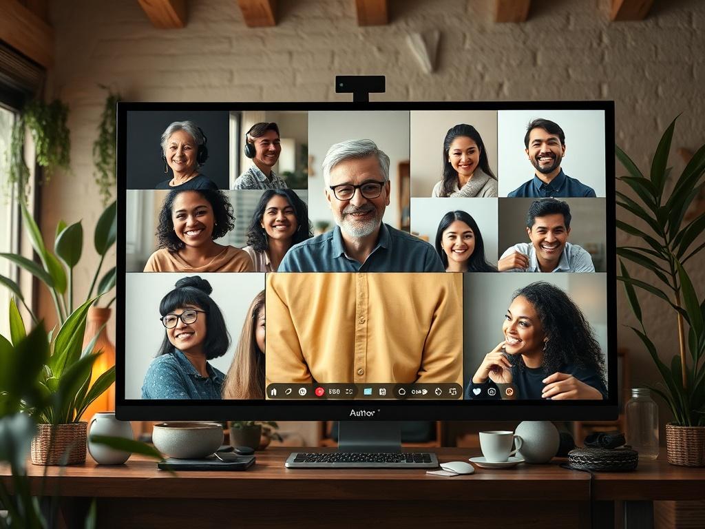 A warm, inviting virtual meeting room filled with diverse individuals