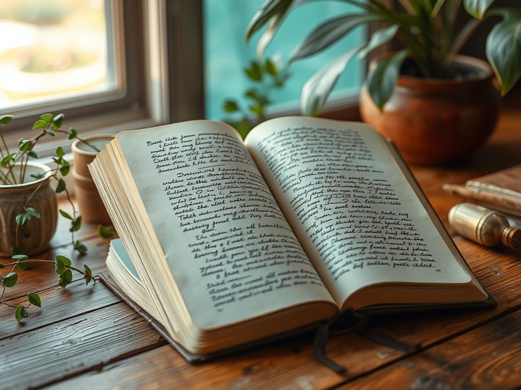 An open book resting on a wooden table, surrounded by
