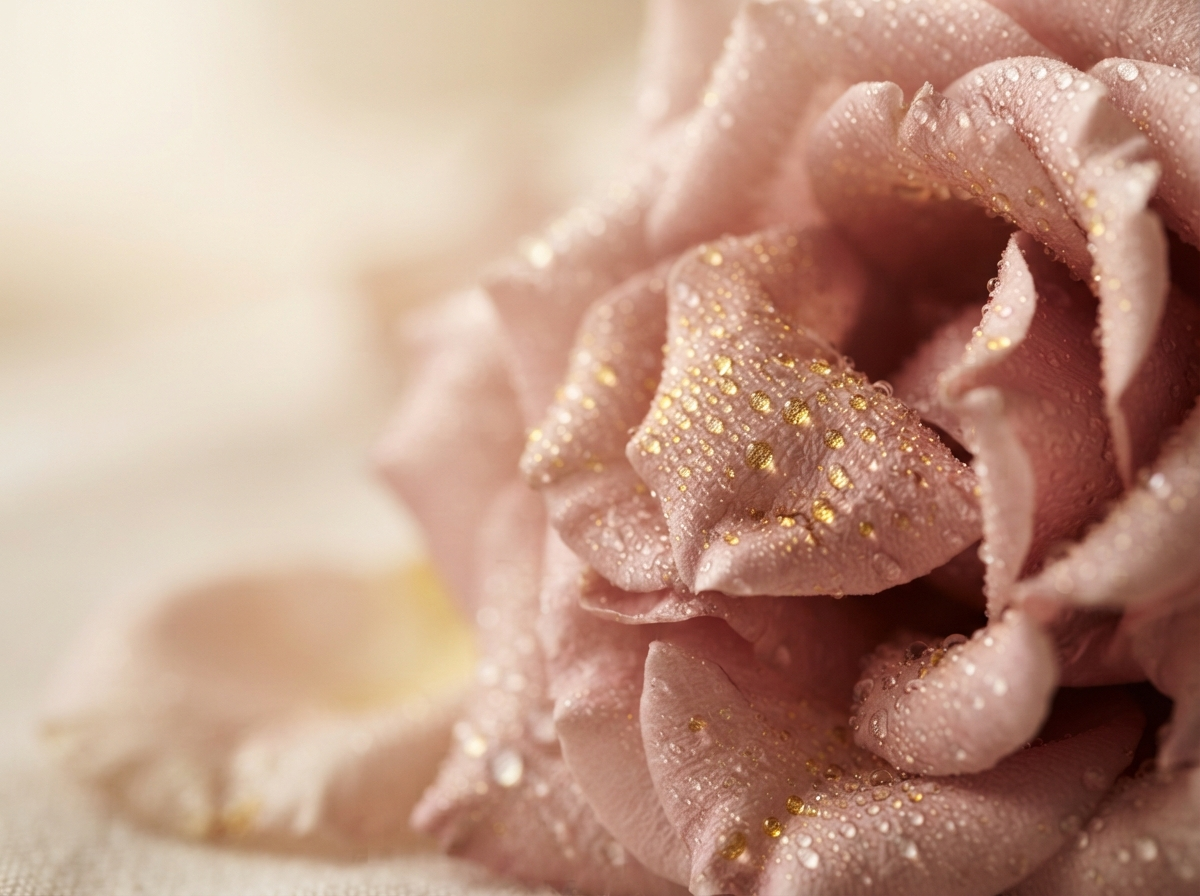 Macro photograph of blush rose petals with golden perfume oil droplets