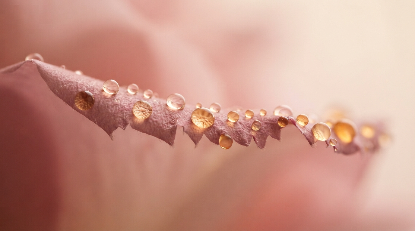 Perfume oil droplets beading on the edge of a dusty rose petal