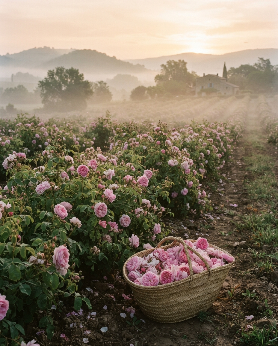 Centifolia rose fields in Grasse at dawn with a harvest basket in the foreground