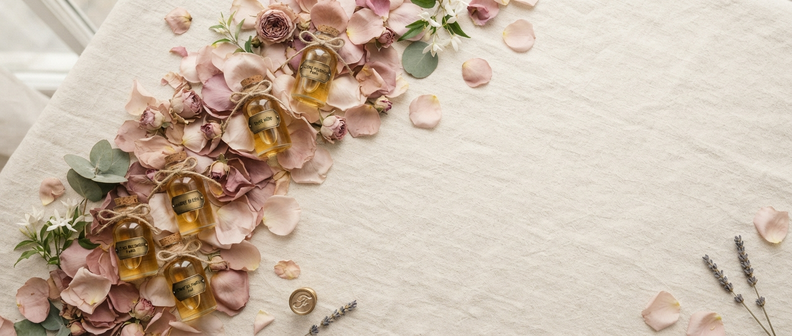 Flat lay of dusty rose petals and glass vials of golden perfume oil on cream linen