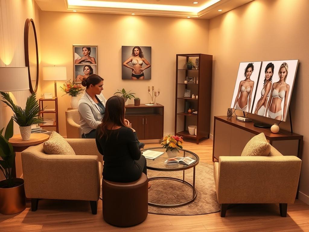 A welcoming consultation room with soft lighting, featuring a professional