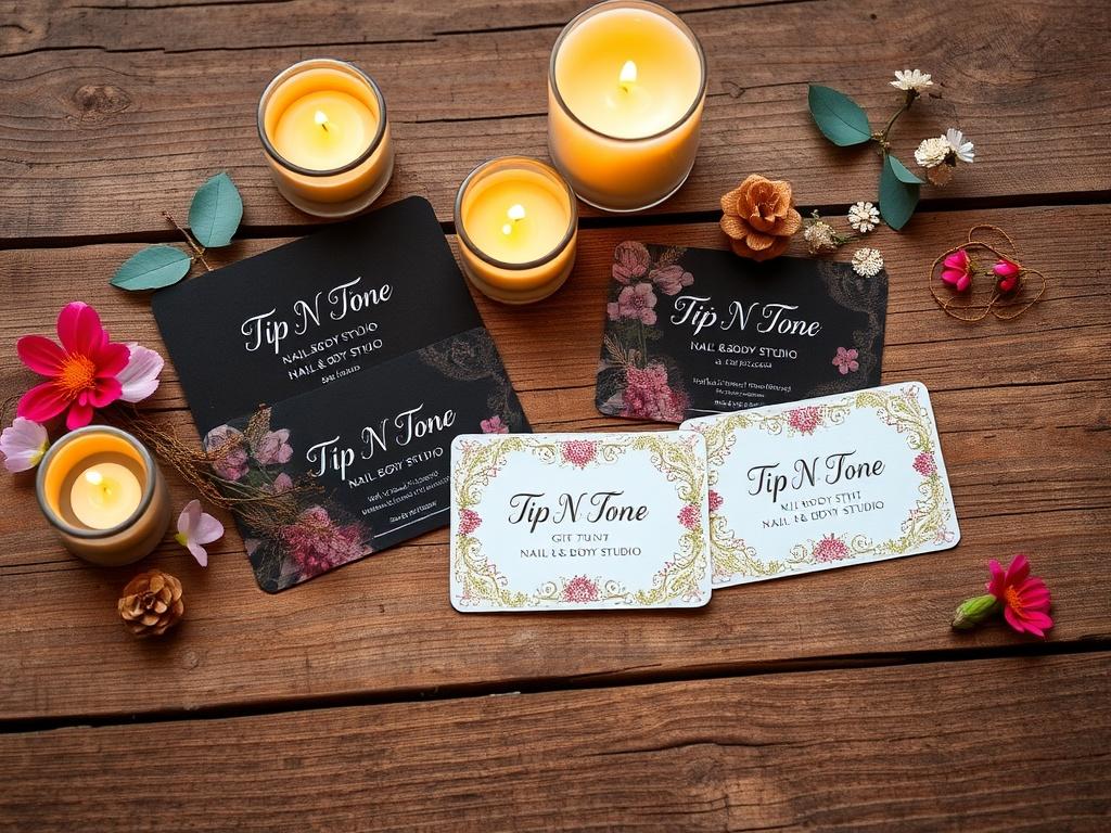 A visually appealing arrangement of gift cards displayed on a rustic wooden surface. The cards feature elegant designs and text indicating they are for Tip N Tone Nail & Body Studio. Surrounding the cards are small decorative items like candles and flowers, adding warmth and charm to the scene. The setting creates a welcoming ambiance, perfect for potential customers looking to treat their loved ones to a luxurious nail or body treatment.
