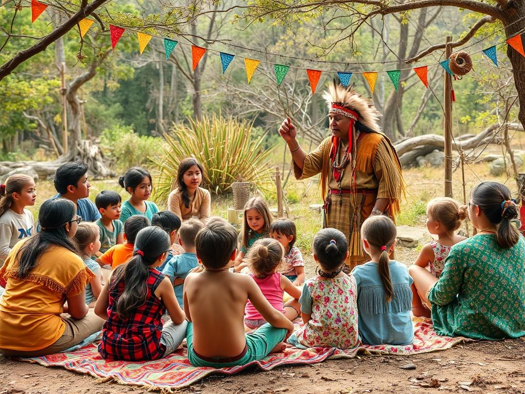 A vibrant outdoor gathering where a Native American storyteller engages