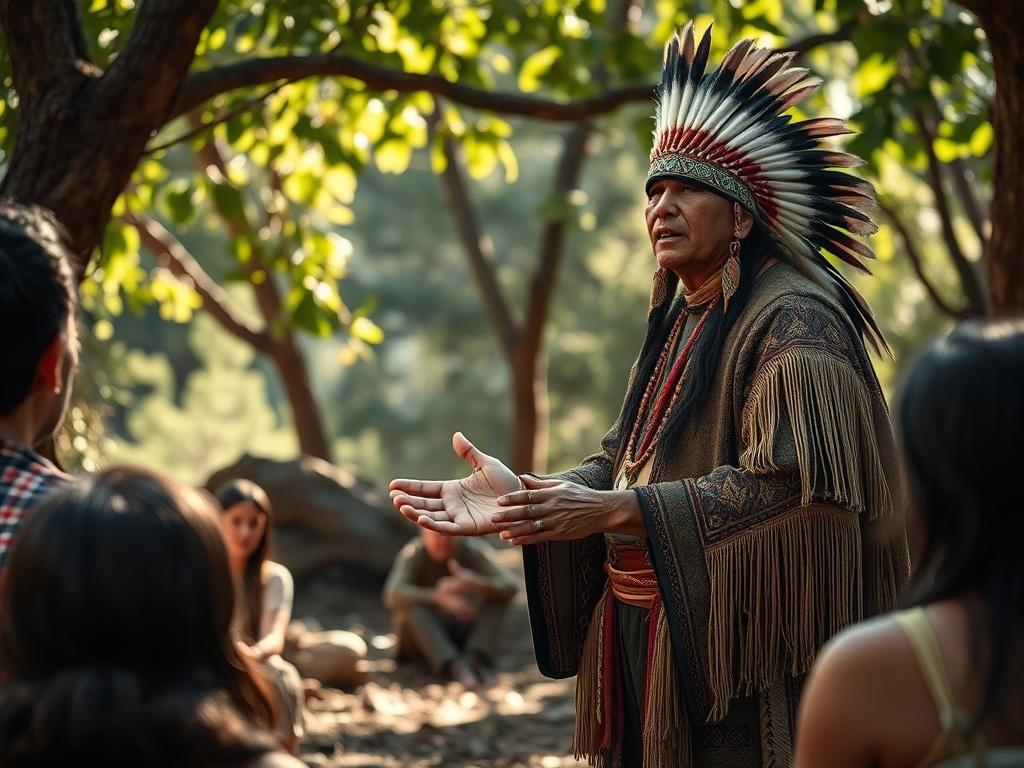 A Native American storyteller in traditional attire, standing in a