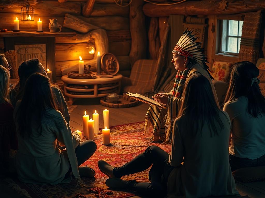 A cozy indoor setting with a Native American storyteller seated