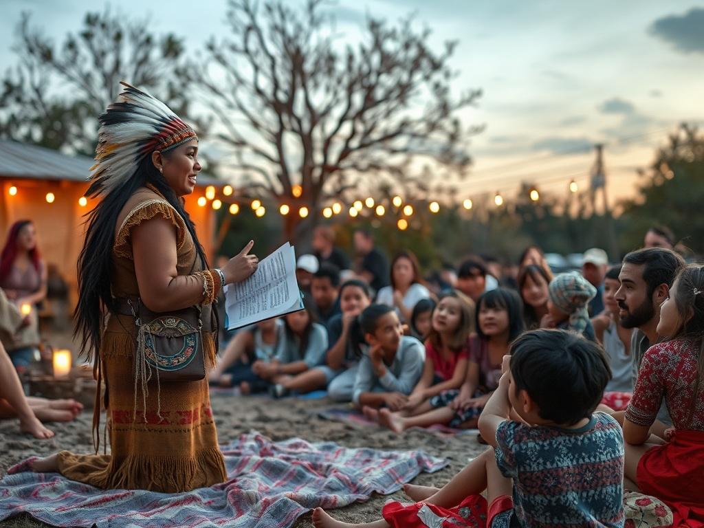 A lively storytelling event in an outdoor setting, featuring a