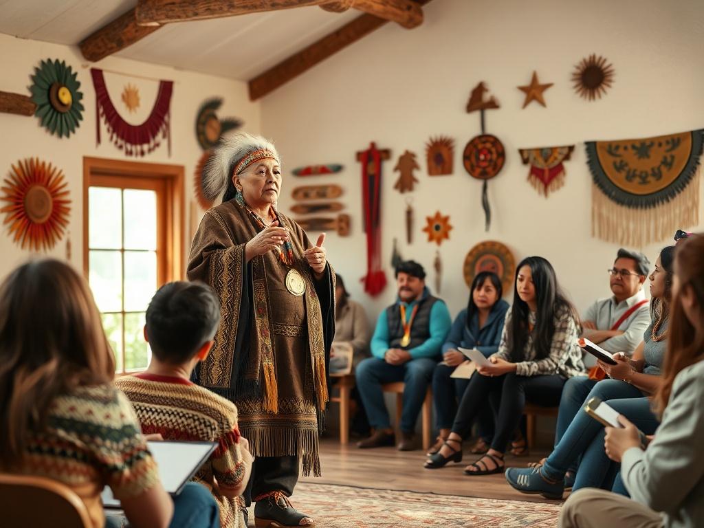 A Native American speaker standing confidently at the front of