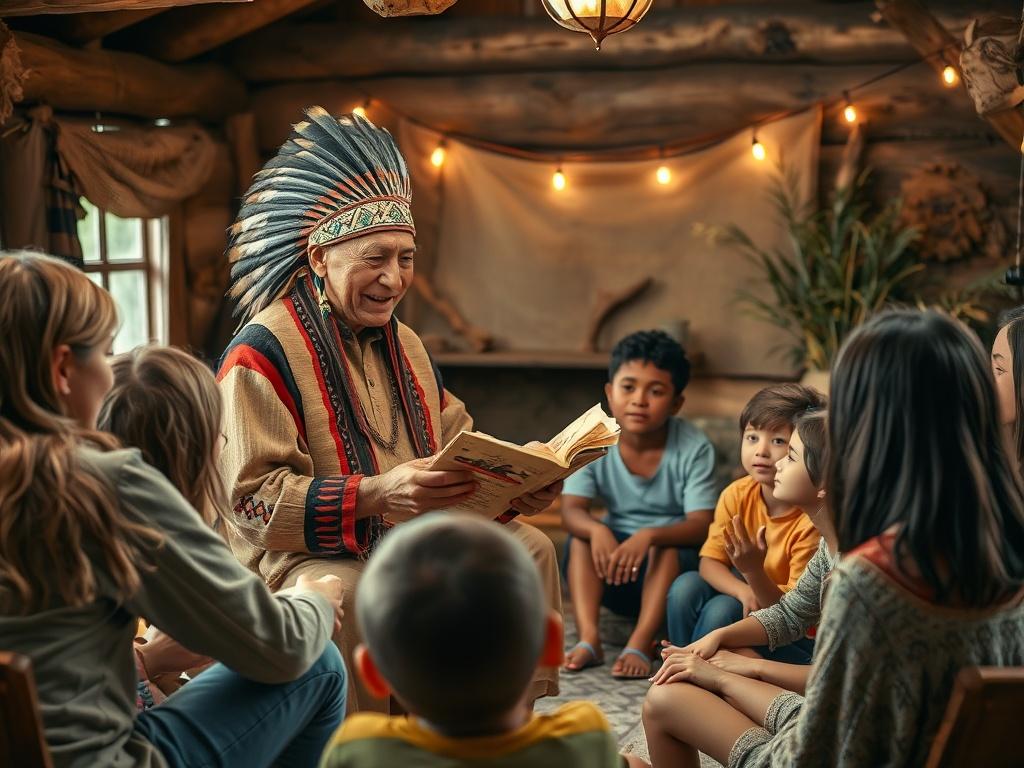 A vibrant, engaging scene of a Native American storyteller leading