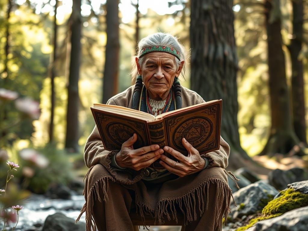 Create a realistic high-resolution image that captures the essence of storytelling as a powerful connection between generations. The composition should focus on a single subject: an elderly Native American storyteller sitting on a rustic wooden stool in a natural outdoor setting, such as a lush forest clearing or next to a gentle stream. The storyteller should have a wise, gentle expression, with deep lines etched into their face that tell the stories of a lifetime. 

Dressed in traditional native attire sh