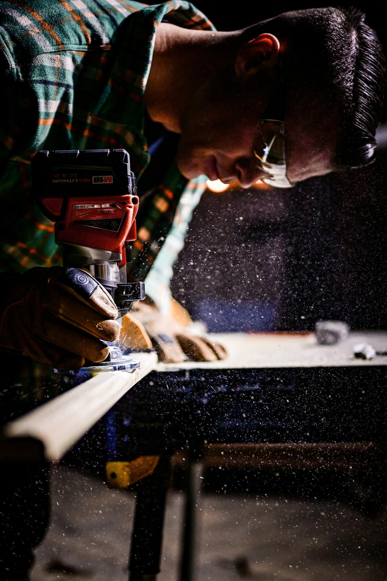 woodworking using a miter saw 
