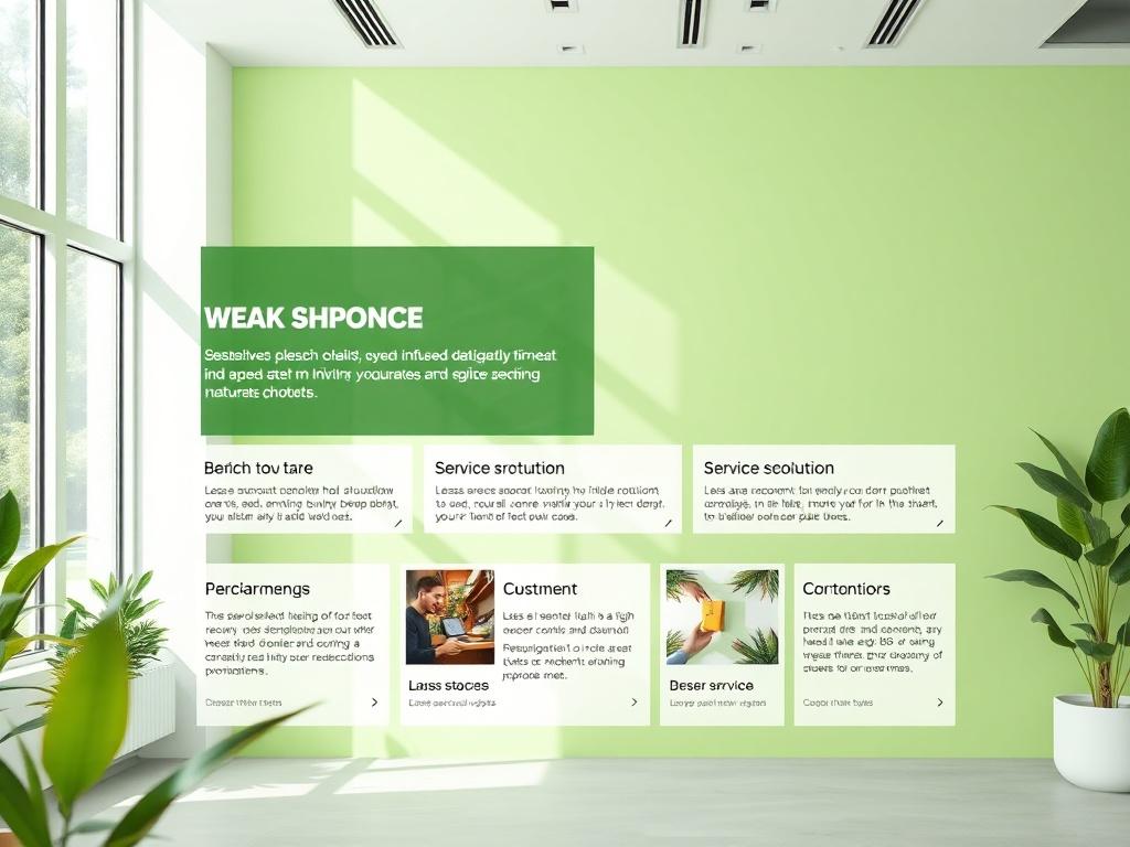 A visually appealing service showcase on a corporate website, featuring distinct sections for each service with high-resolution images and concise, impactful text. The background should remain clean and professional, utilizing greens and whites to maintain a modern atmosphere.