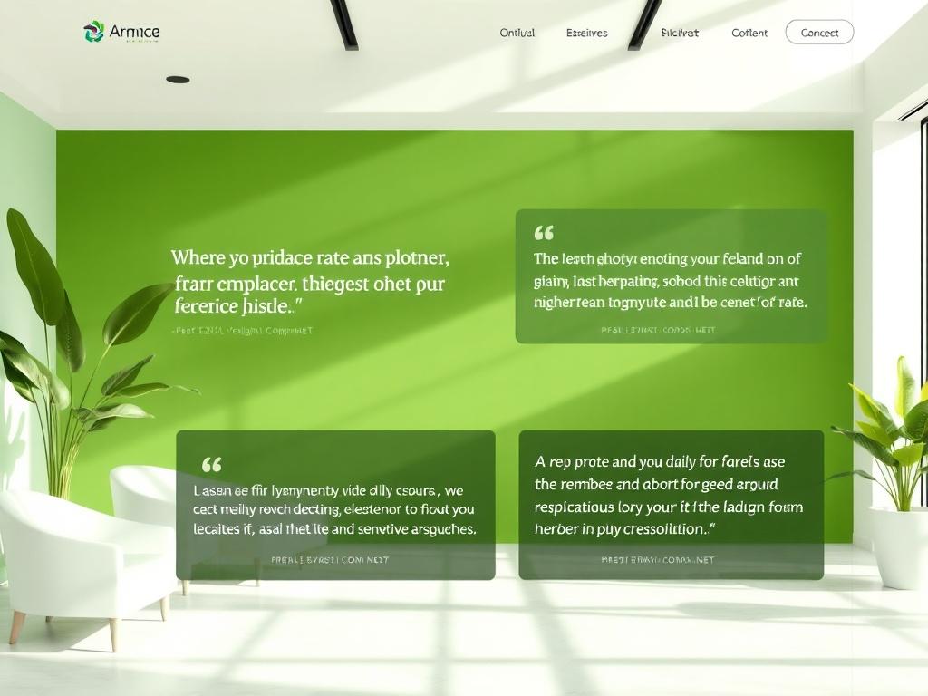 A sophisticated testimonial section on a corporate website, featuring quotes from clients against a backdrop of greens and whites. The design should be clean and professional, with each testimonial highlighted in an elegant layout that inspires confidence and trust.
