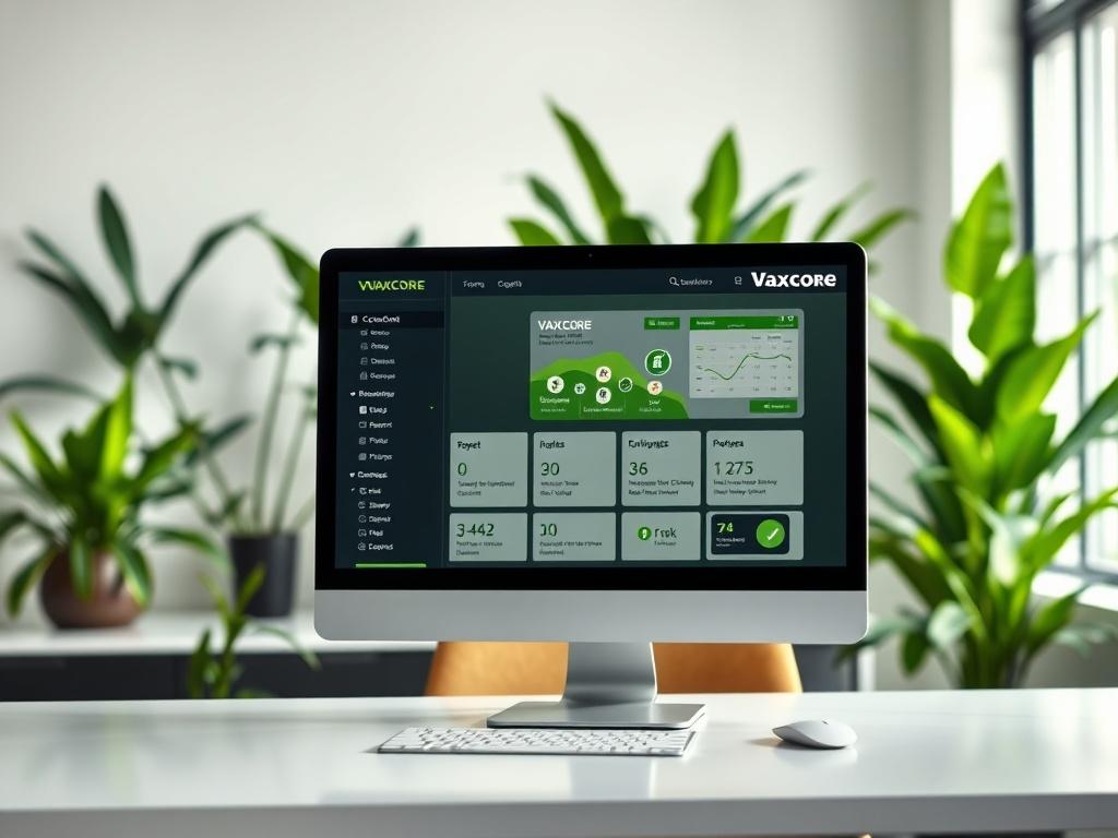 A modern office setting with a sleek computer displaying the Vaxcore CRM interface. The background features green plants and a clean, professional desk. The color palette includes dark tones with vibrant green accents, creating a professional and inviting atmosphere.