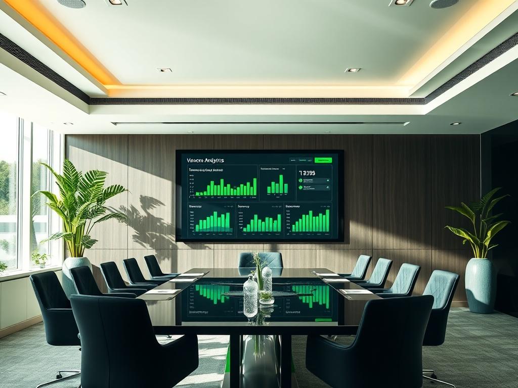 A sophisticated boardroom setting with a large screen displaying Vaxcore's advanced analytics dashboard. The room is elegantly designed with dark decor, highlighting the modern technology and vibrant green accents. Natural light pours in, creating an inspiring environment for strategic discussions.