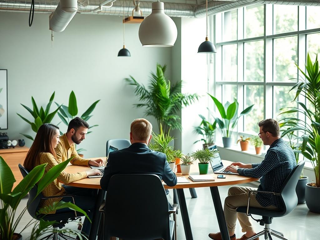 A vibrant workspace with a team collaborating around a table, using laptops to access the Vaxcore CRM. The environment is filled with natural light, plants, and modern decor. The color scheme features dark tones and fresh green accents, emphasizing a professional yet dynamic atmosphere.