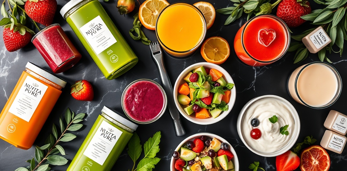 Variety of juices, smoothies, and salads