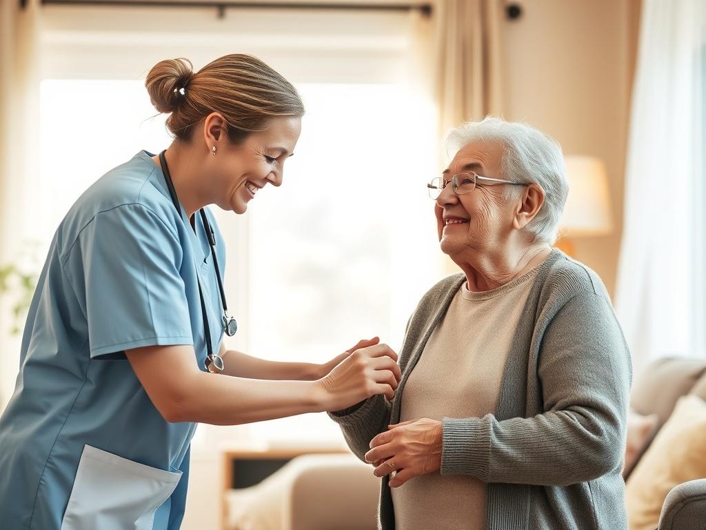 A serene indoor scene depicting a caregiver gently assisting a