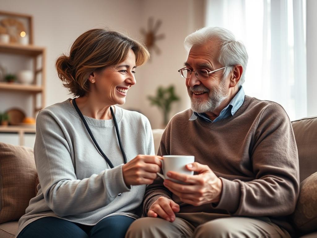 A serene scene depicting a caring caregiver assisting a senior