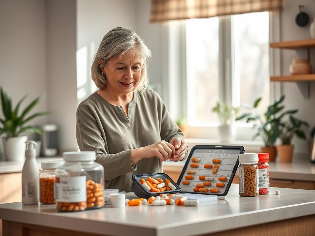 A calm and organized medication station on a kitchen countertop,