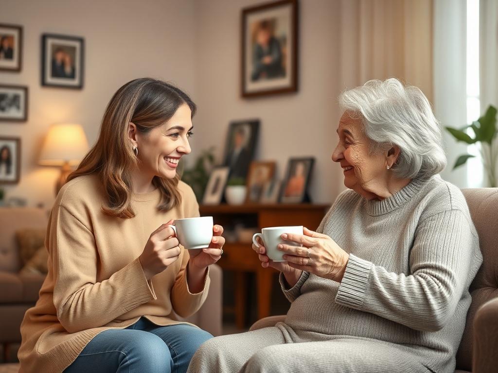A warm and inviting living room scene showing a caregiver