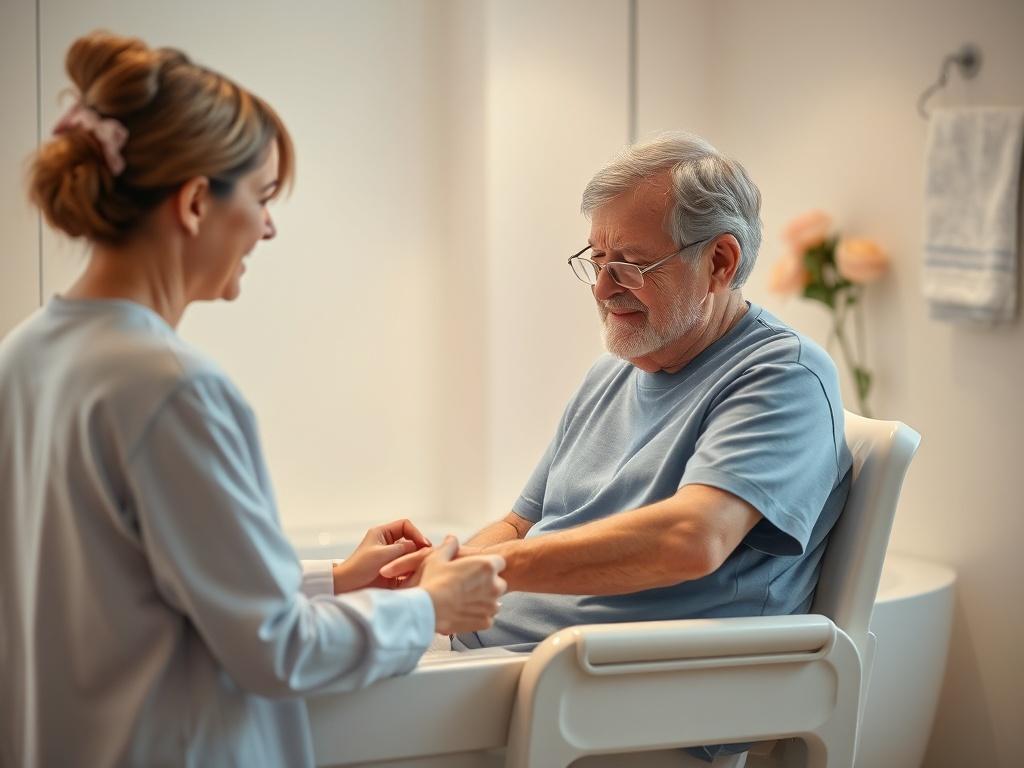 A serene scene depicting a caregiver gently assisting an elderly
