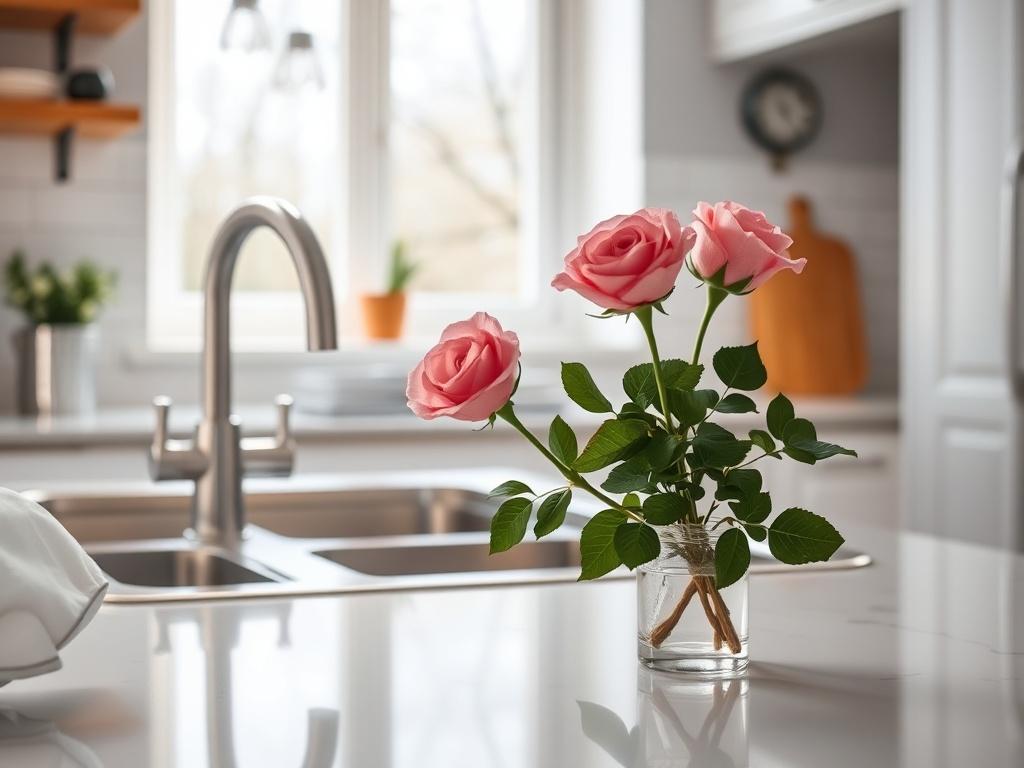 A hyper realistic close up of a bright, clean kitchen
