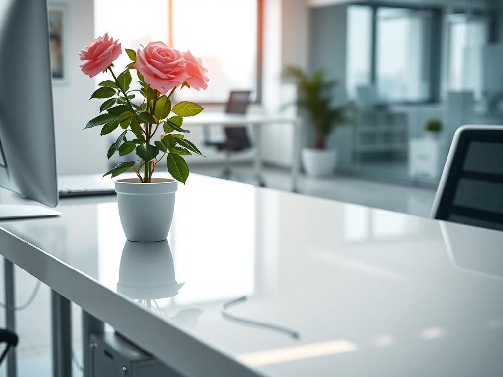 A hyper realistic close up shot of a clean office