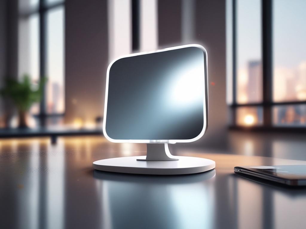 An ultra-modern AI content generator displayed in a bright, reflective environment. The focus is on the device, showcasing its sleek design, with a blurred background hinting at a creative workspace.
