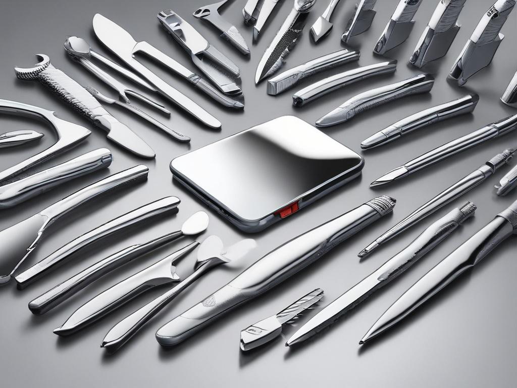 A sleek, modern toolkit displayed on a reflective surface, showcasing its high-tech features. The background is soft-focused, enhancing the shiny, ultra-glossy finish of the toolkit.