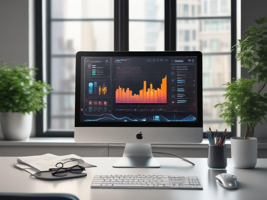 a sleek, modern desktop computer displaying an analytics dashboard with