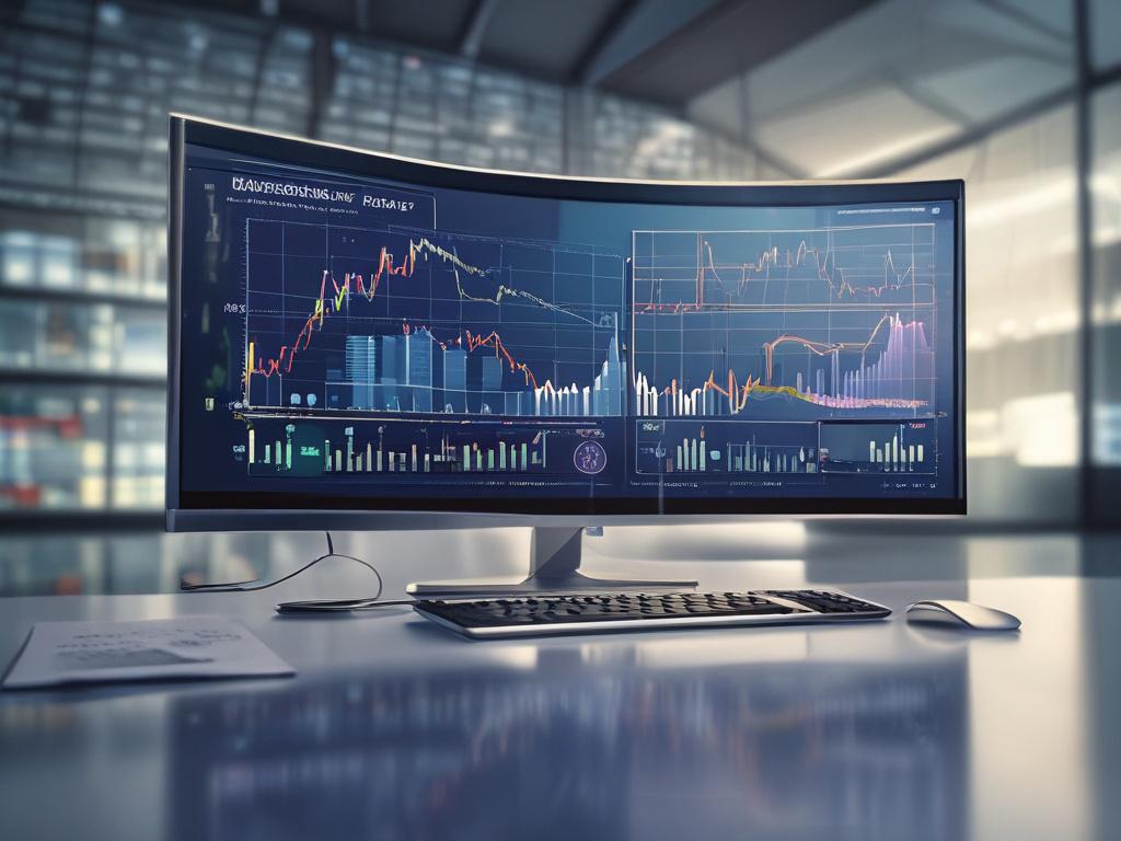 a computer screen displaying analytics graphs and charts, professional environment,