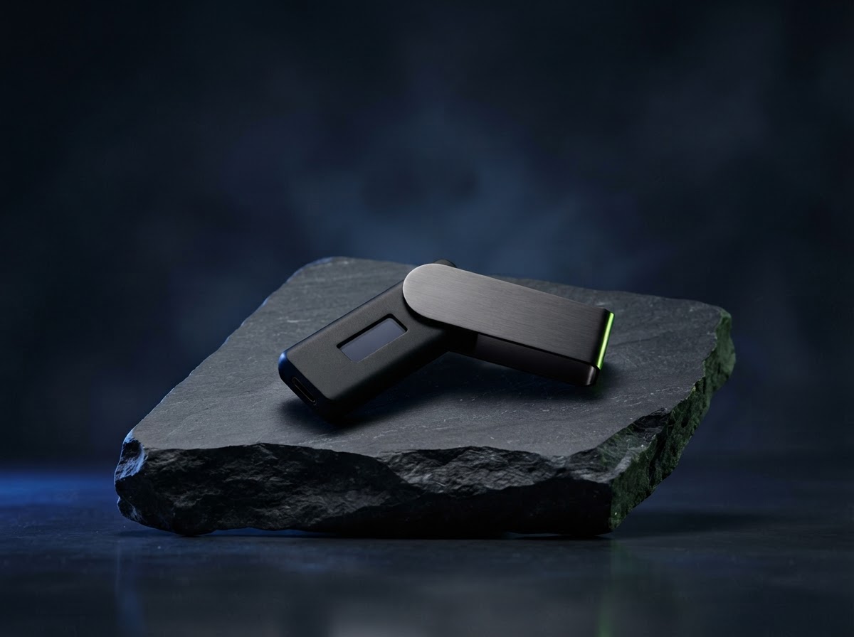 A sleek black hardware wallet shown in a softly lit studio setting
