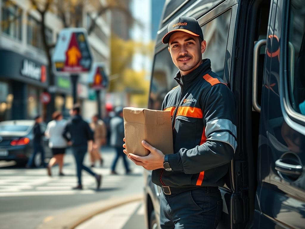 Create a realistic high-resolution photo that visually embodies the theme "The Importance of Secure Delivery in Logistics." Focus on a single subject: a professional courier standing confidently next to a secure van, symbolizing trust and reliability in logistics. The courier should be dressed in a branded uniform, holding a package with care, showcasing meticulous attention to detail and responsibility.

The background should feature a bustling urban environment with a soft blur, emphasizing the movement o