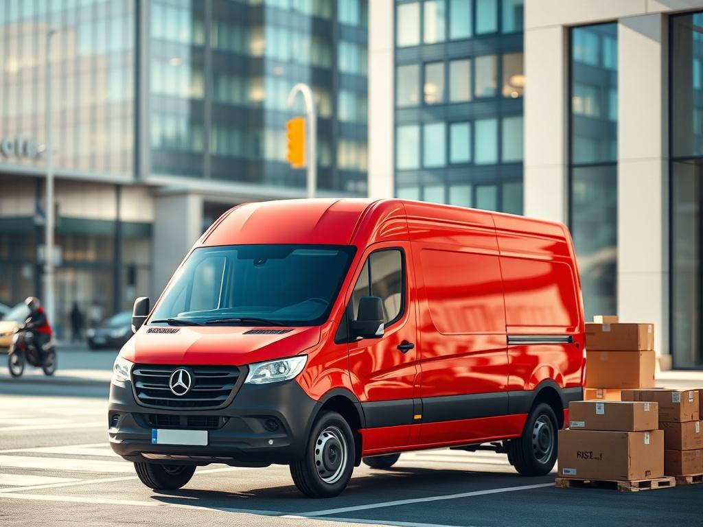 Create a realistic high-resolution photo that exemplifies the theme of "Understanding Secure Delivery Practices" within the logistics sector. The composition should be straightforward and focused, featuring a single delivery van as the main subject. 

The van should be modern and well-maintained, exhibiting strong branding with a striking red color that aligns with the primary color rgb(226, 1, 1). The van should be parked in a well-lit urban environment, with elements that suggest a busy logistical operati