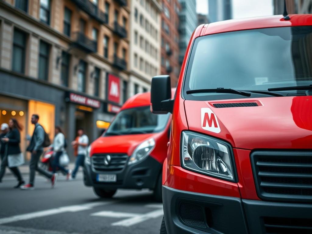 A close up shot of a red delivery van with
