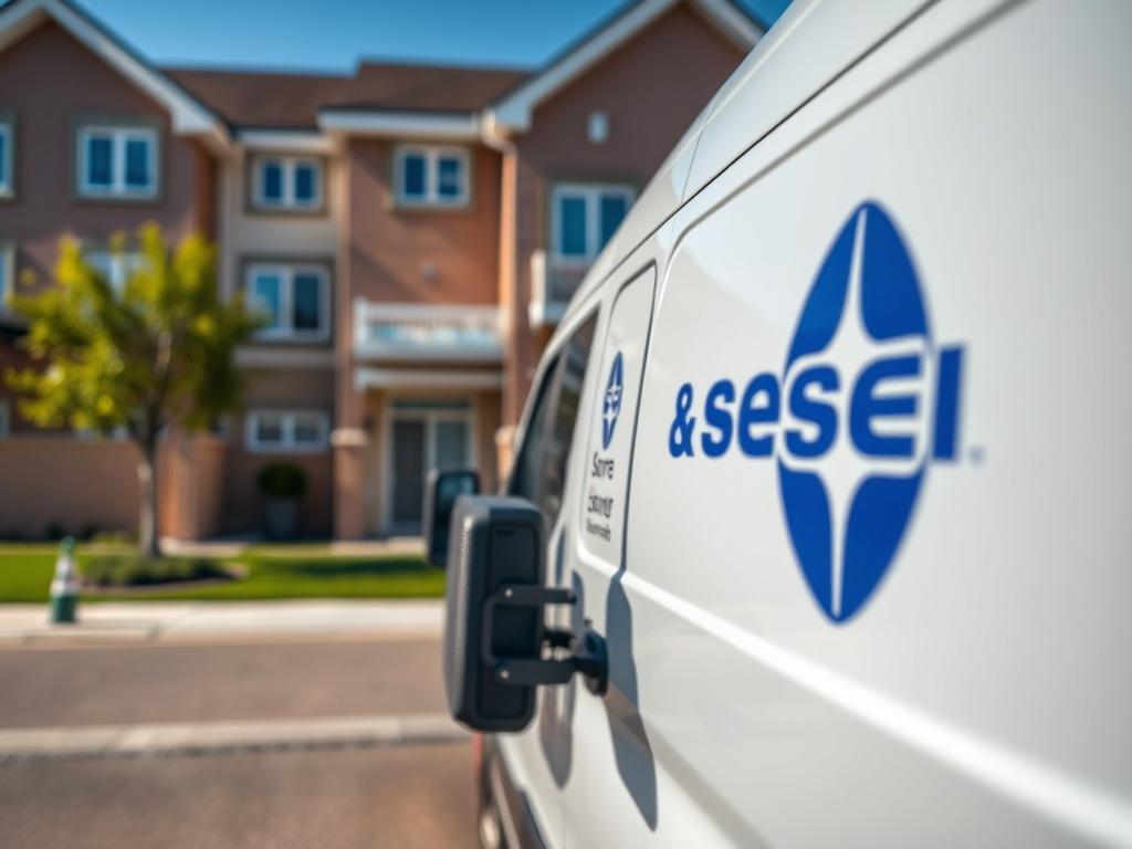 A close up shot of a delivery van parked in