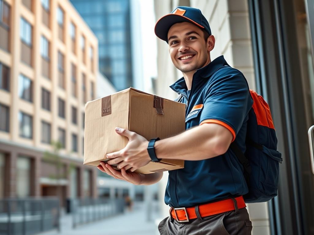 A hyper realistic image of a delivery person in uniform