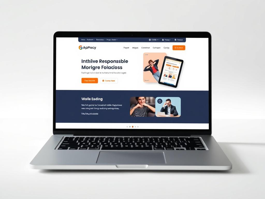 A sleek, modern laptop displaying a beautifully designed single-page landing website on its screen. The landing page features bold call-to-action buttons, is mobile-responsive, and includes eye-catching graphics. The background is minimalistic and clean, with soft lighting enhancing the details of the laptop and the website design.