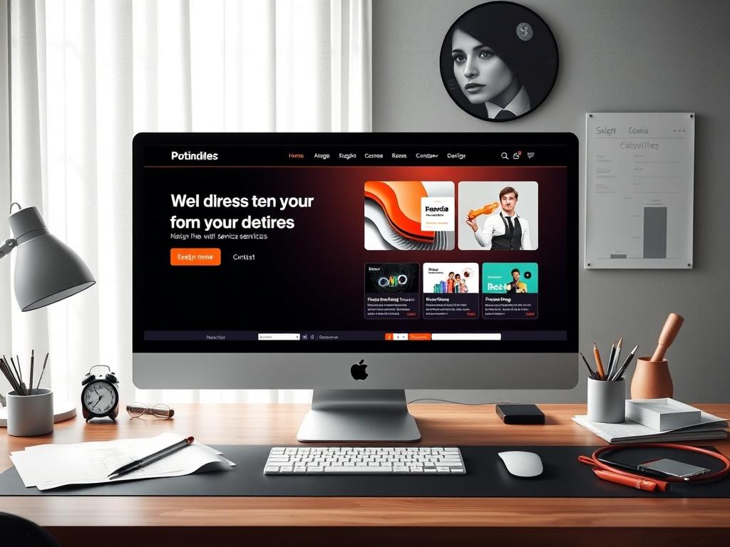 A desktop computer displaying a comprehensive business website with 5–7 pages showcasing various services offered. The website is visually appealing with a cohesive brand style, and the computer is on a stylish desk surrounded by creative elements, such as sketches and design tools.